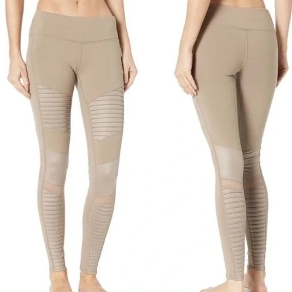 Alo Yoga Women's Small Tan Moto High Waist Ribbed Leggings‎ Athletic Casual Gym